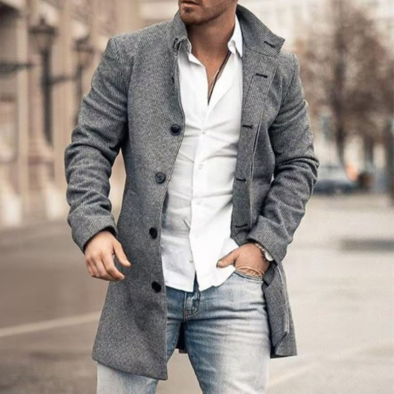 Man Single Breasted Jacket Plaid Button Long Slim Coat Long Sleeve Autumn Winter Warm Casual Harajuku Street Outwear Retro