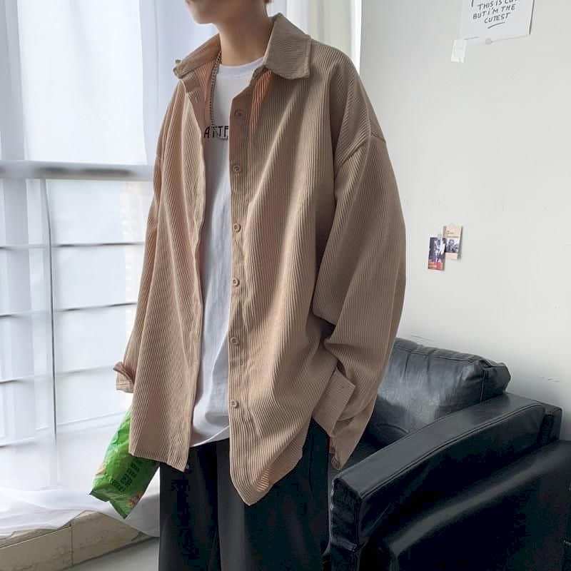 saferido Men's shirt casual Korean ruffian handsome corduroy jacket trend Harajuku all-match Hong Kong style autumn long-sleeved shirt