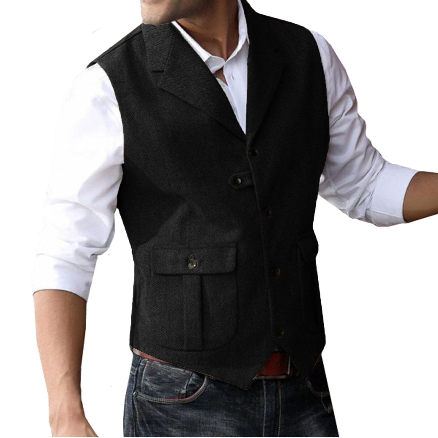Men's 5 Button Herringbone Tweed Tailored Collar Suit Vest 2 Pockets Casual Victorian Style