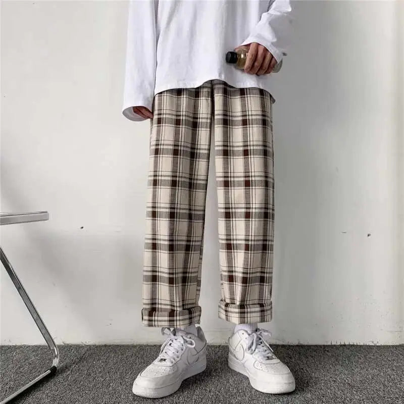 Men Pants Plaid Loose Comfortable Retro Casual All-match Elastic Waist Chic Wide Leg Trousers Fashion Streetwear Korean Style