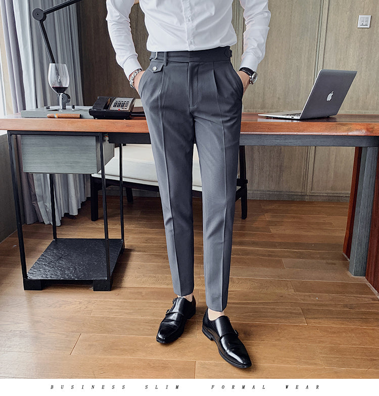 saferido        New Design Men High Waist Trousers Solid England Business Casual Suit Pants Belt Straight Slim Fit Bottoms White Clothing