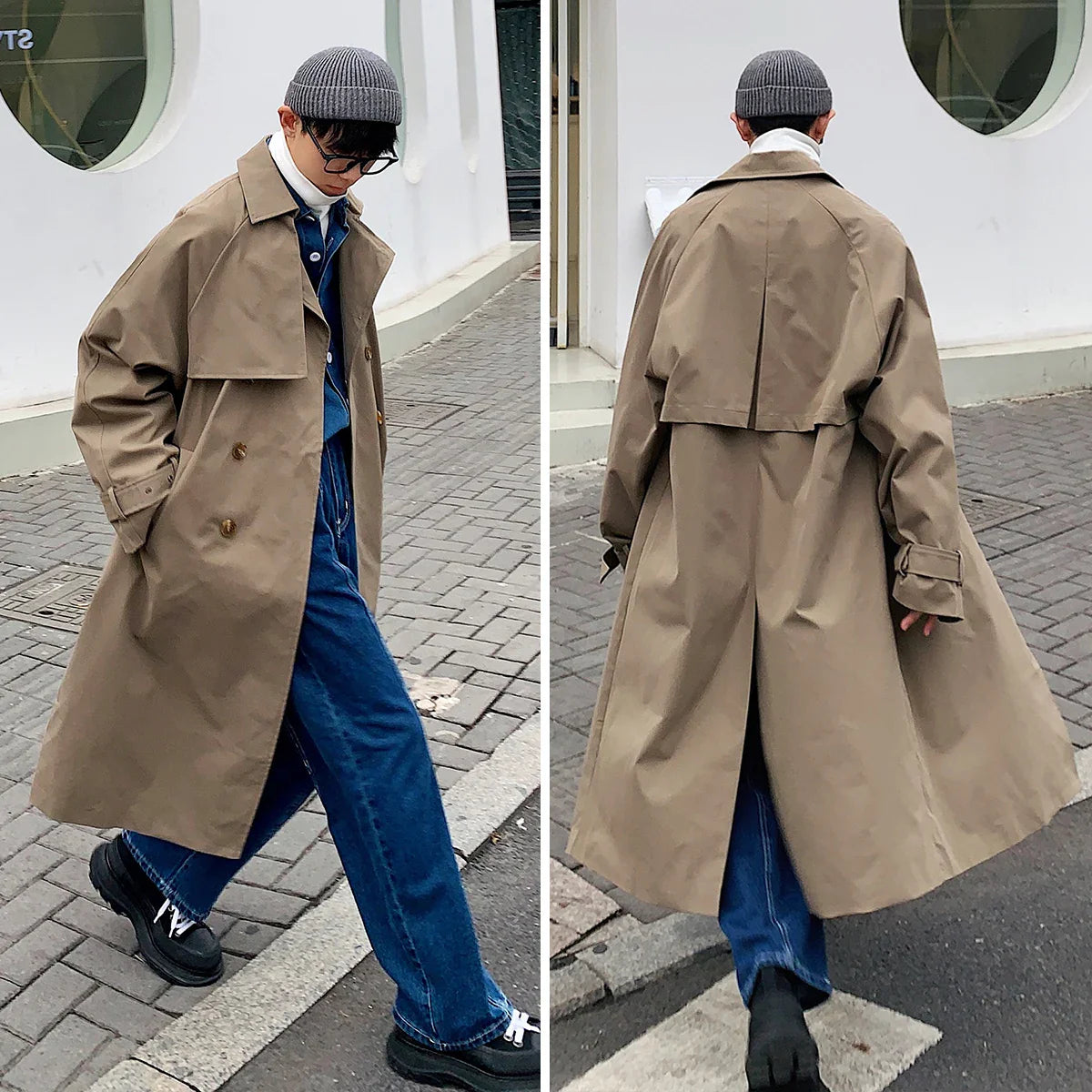 Mens Fashion Trench Coats Autumn Men Long Jacket Coats Streetwear Casual Solid Loose Trench Windbreaker Plus Size 5XL-M