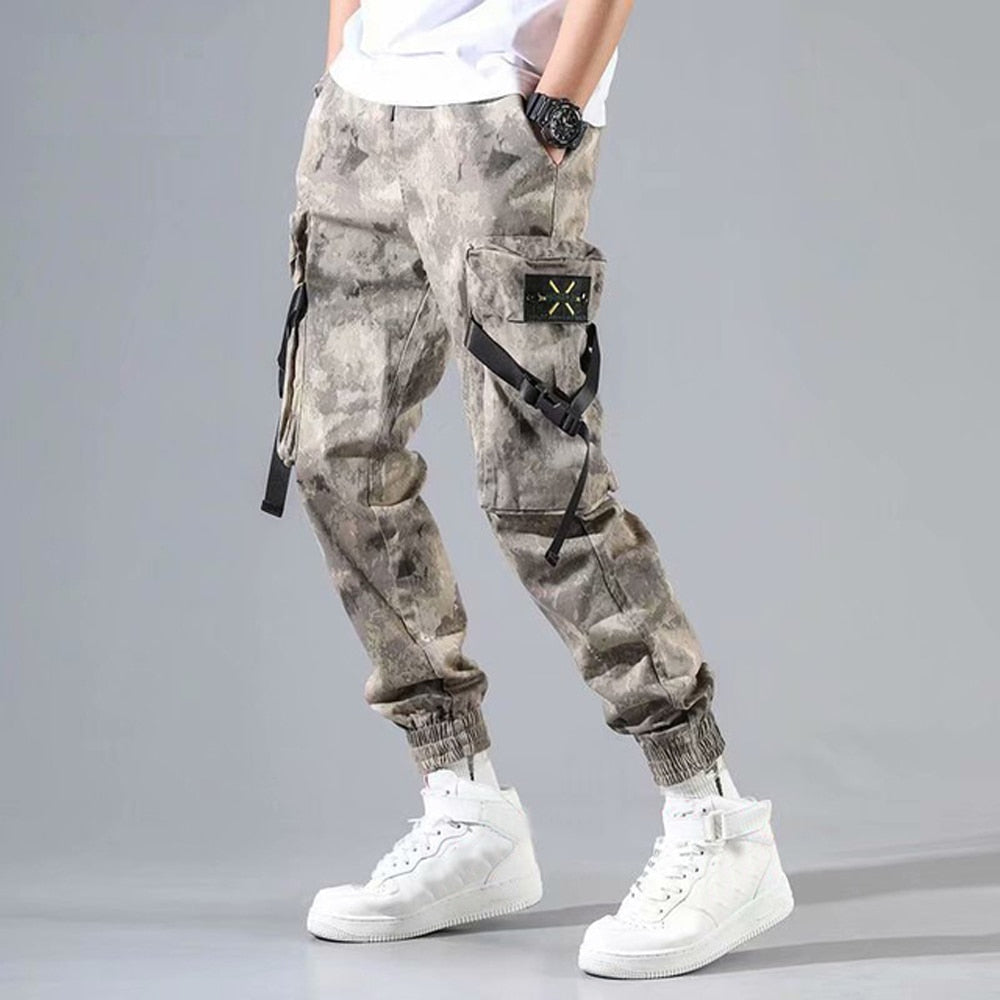 Men's Side Pockets Cargo Harem Pants Ribbons Black Hip Hop Casual Male Joggers Trousers Fashion Casual Streetwear Pants 5XL