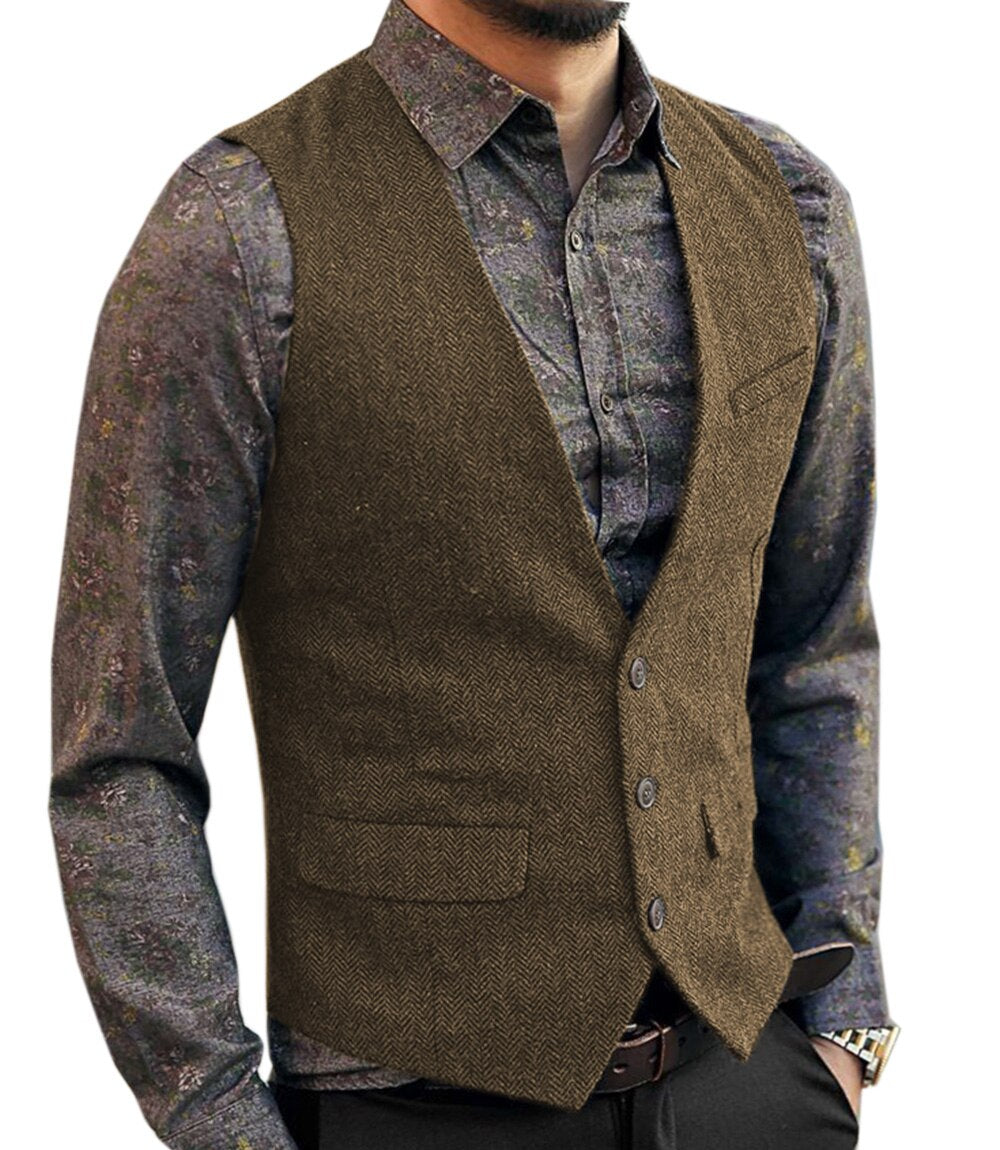 saferido Men's Vest Suit Boutique Wool Tweed Slim Fit Leisure Cotton Male Gentleman Beckham Business Waistcoat For Wedding Groomsmen