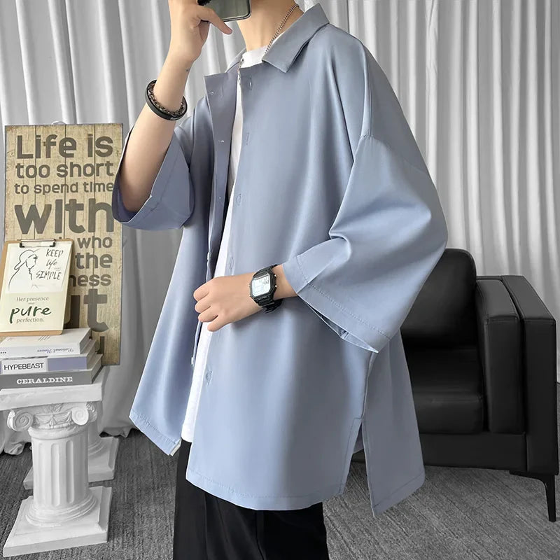 saferido Solid Color Oversized Men's Shirts Harajuku Men Casual Half Sleeve Shirt Tops Cool Summer Streetwear Man Blouse 6 Colors