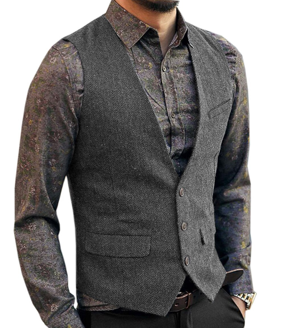 saferido Men's Vest Suit Boutique Wool Tweed Slim Fit Leisure Cotton Male Gentleman Beckham Business Waistcoat For Wedding Groomsmen