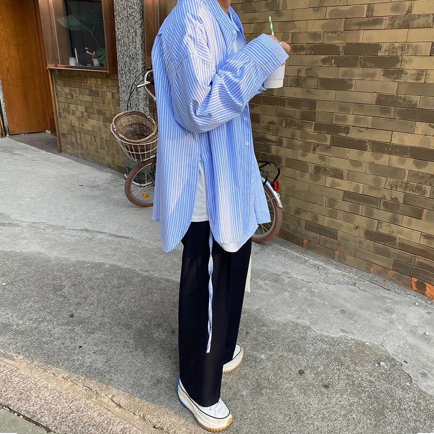 saferido Spring and Autumn new fashion casual collar shirt blue stripe Korean version loose shirt false two men long sleeves shirt