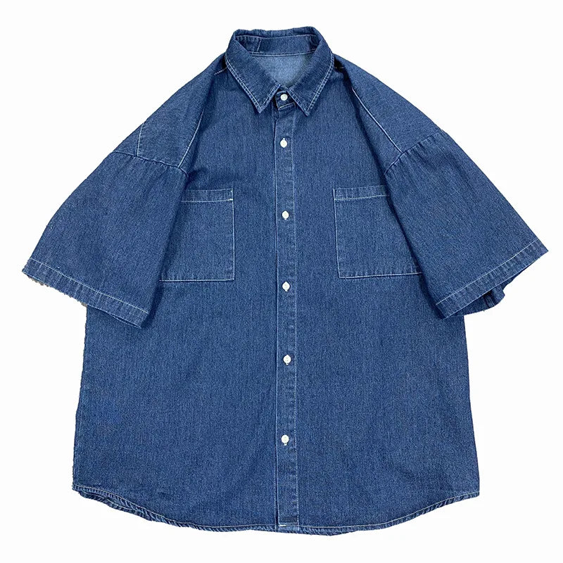 saferido Denim Shirts Male Harajuku Denim Shirt For Men Korean Oversized Casual Streetwear Short Half Sleeve Vintage Fashion