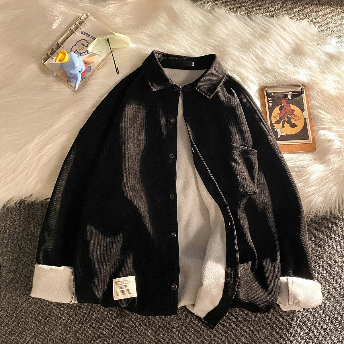 Corduroy Fleece Thicken Mens Autumn Winter Shirts Loose Warm Long Sleeve Casual Blouse Fashion Male Cardigan