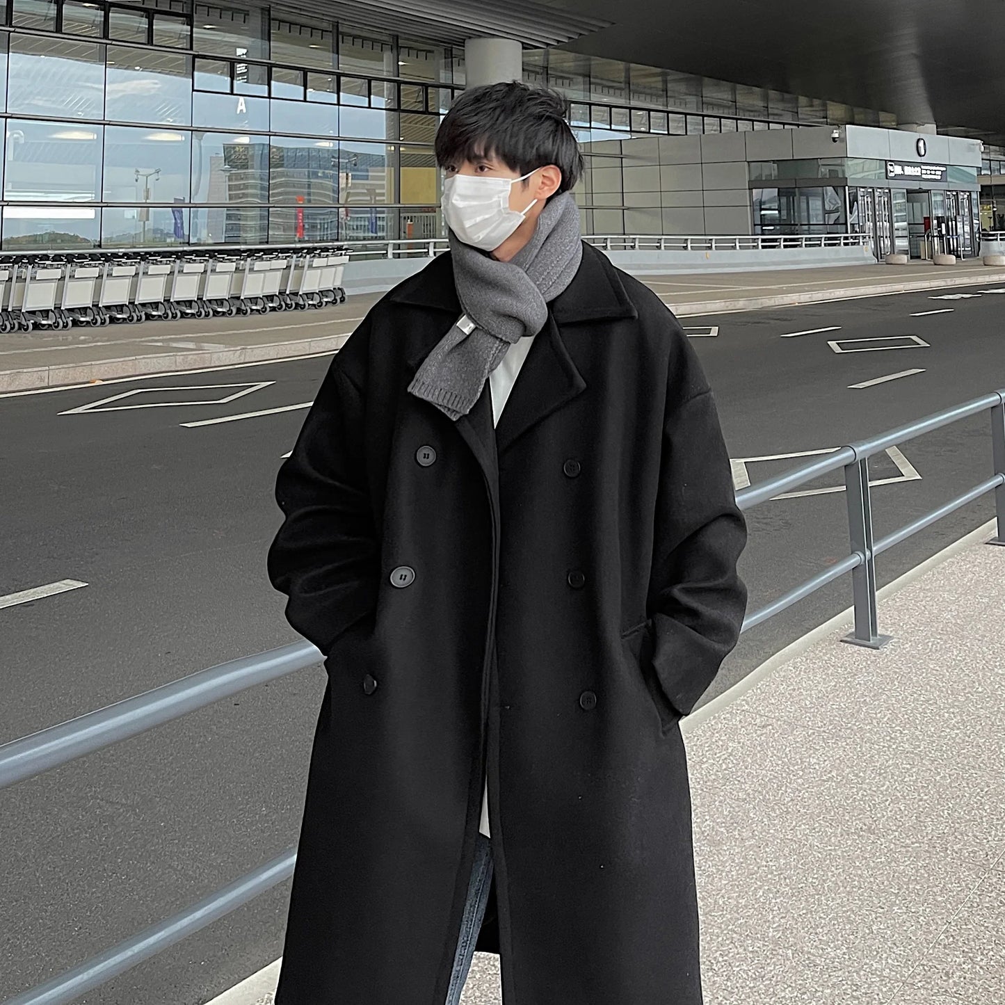 saferido Long Dust Coat Men Winter Korean-style Trench Mens Solid Double Breasted Woolen Cloth Coat Loose Casual Trenchcoat Outwear