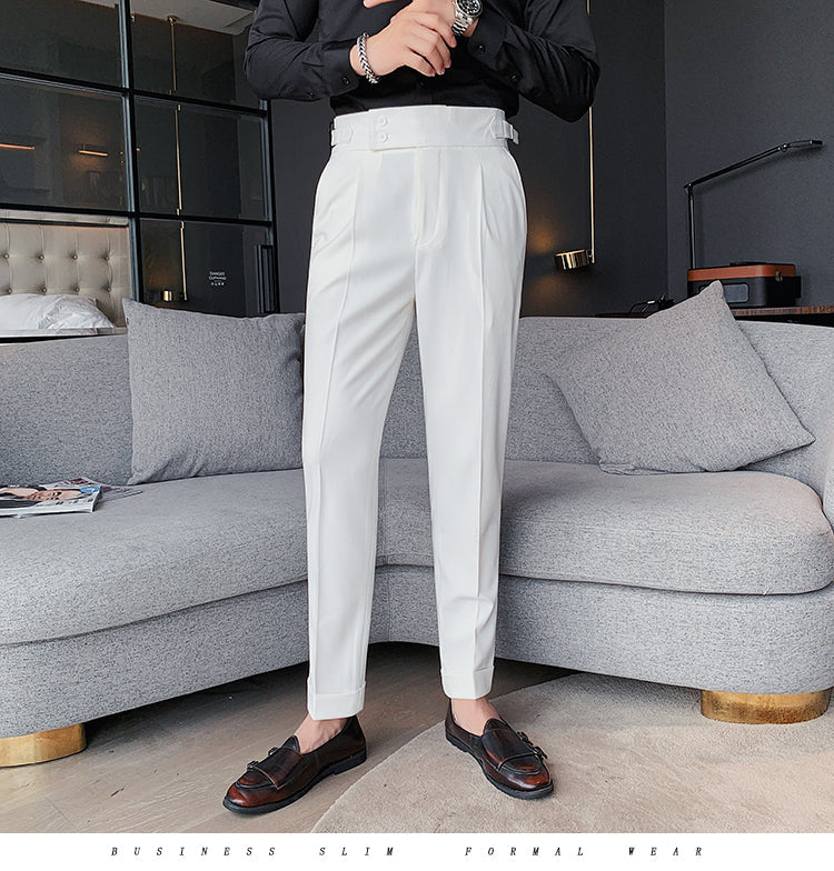 saferido        New Design Men High Waist Trousers Solid England Business Casual Suit Pants Belt Straight Slim Fit Bottoms White Clothing