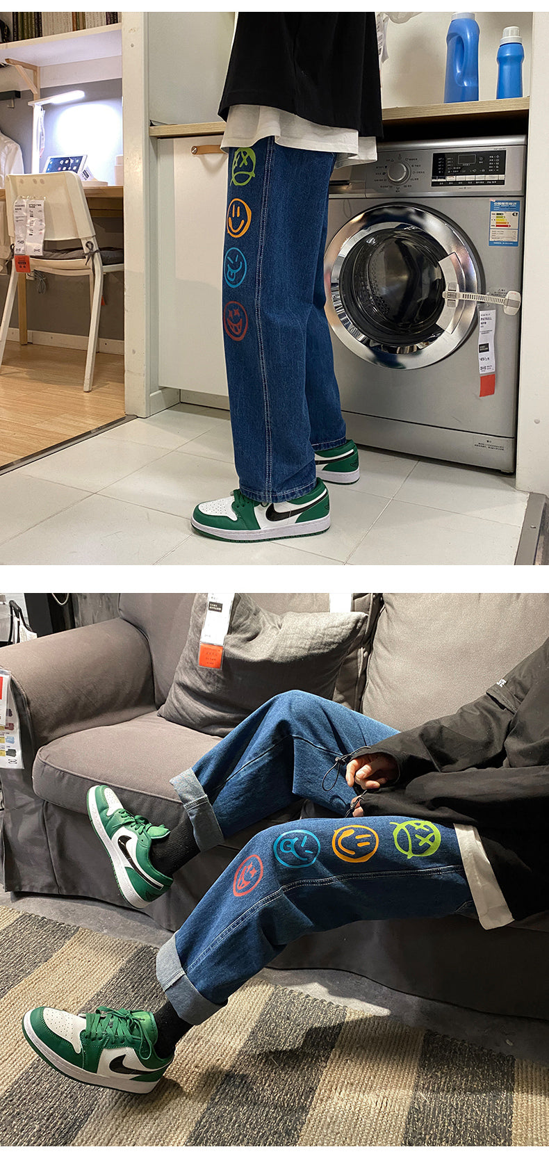 Black Jeans for Men Colorful Smiley Print Straight Leg Denim Pants Teen Hip Hop Clothes Male Baggy Trousers Oversized Streetwear