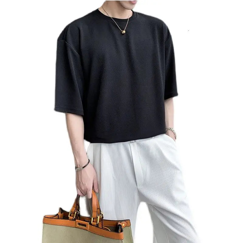 saferido Summer Men's Fashion Short Sleeve Tshirt British Style Solid Color T Shirts Round Neck Slim Fit T-shirt Clothes Tops M-XL