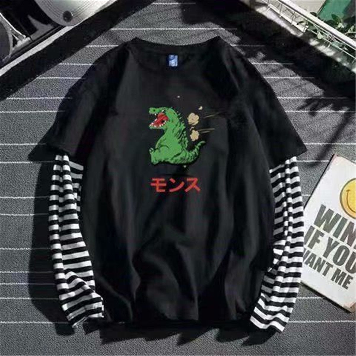 Cool Striped Patchwork T-Shirt Men Autumn Oversize Tops Boys Solid Long Sleeve T Shirt Fashion Japanese Gothic Japan T Shirt