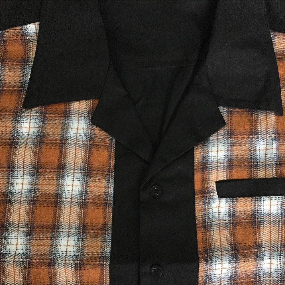 Brand Plaid Shirts Men's Blouse Patchwork Short Sleeve Casual Button Down Shirts Camiseta Retro Hombre Bowling Dress Male Shirts