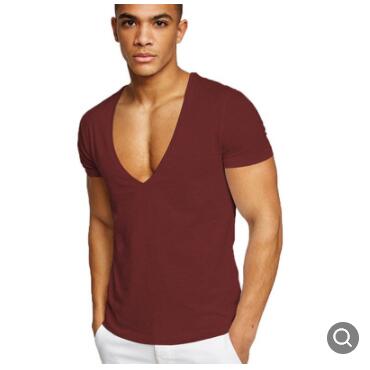Men casual Deep V Neck T-Shirt Fashion sportswear Summer cotton sweat-absorbent Male Slim Short Sleeve Tee Shirt solid color