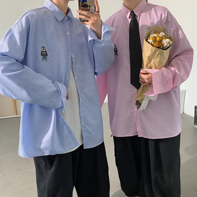 saferido Spring Fashion: Korean bear embroidered versatile striped long sleeve shirt couple shirts