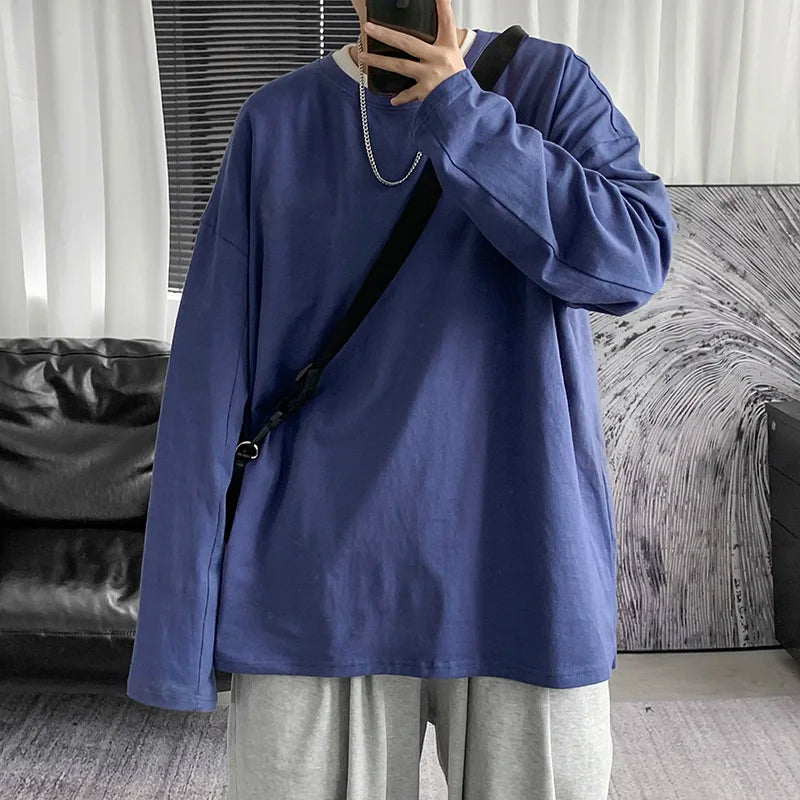 saferido Spring Multicolor Cotton T-shirt Men Fashion Solid Color Casual O-neck T Shirt Men Korean Loose Long-sleeved T-shirt Mens Tops