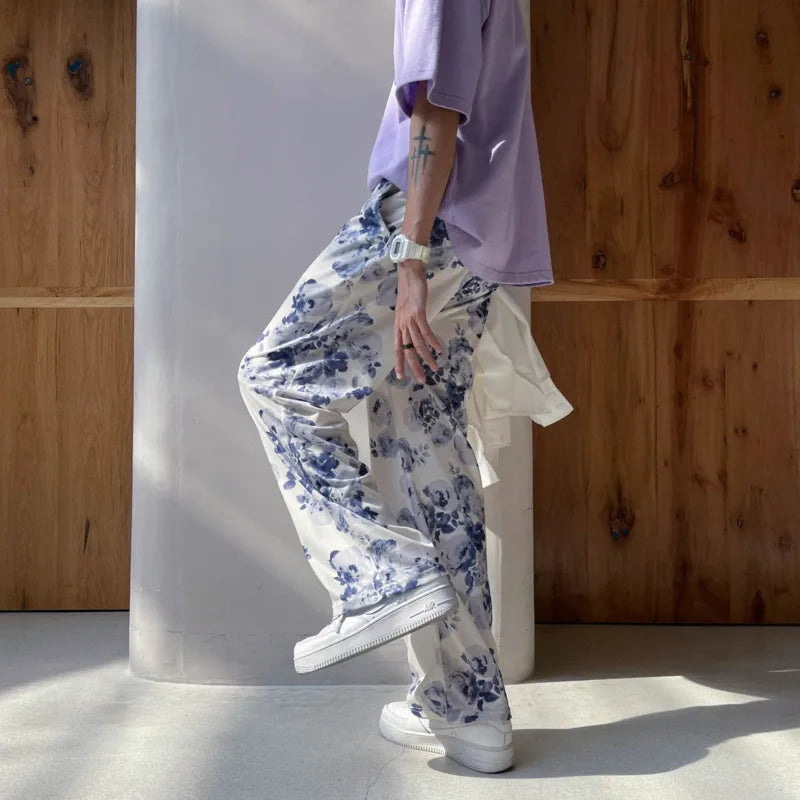 saferido Spring Summer Flower Pants Men's Fashion Printed Casual Pants Men Streetwear Loose Hip-hop Straight Wide-leg Pants Mens Trousers