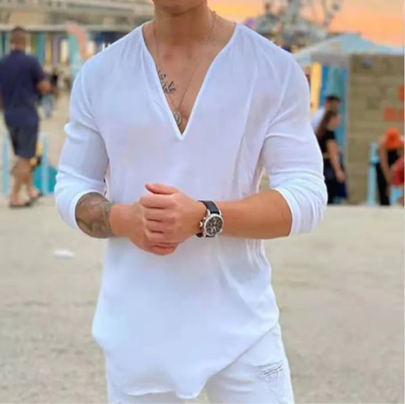 Spring Men's T-shirt V-neck Long Sleeve Sold Color Top Tee Fashion Casual Pullover T Shirt For Men Clothing New Streetwear