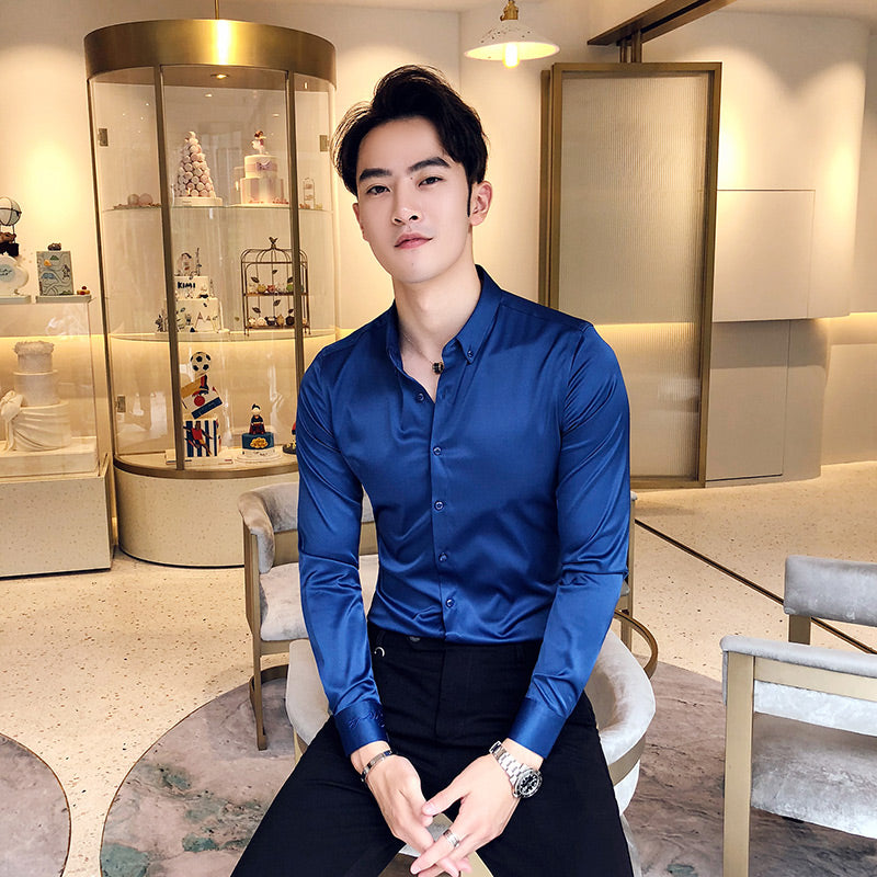 Neckline Embroidery Mens Shirts Long Sleeve Casual Slim Fit Men Dress Shirts Solid Color Formal Business Social Clothing Blouse