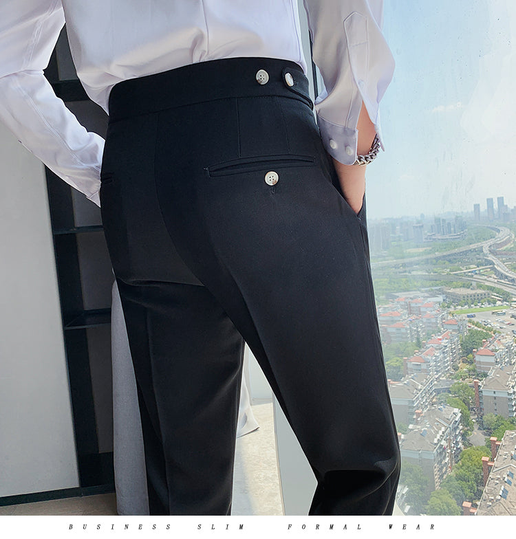 saferido        New Design Men High Waist Trousers Solid England Business Casual Suit Pants Belt Straight Slim Fit Bottoms White Clothing