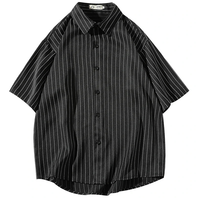 saferido Ruffian handsome black collared shirt men's summer casual loose Vertical Stripe shirt Short Sleeve Korean fashion handsome coat