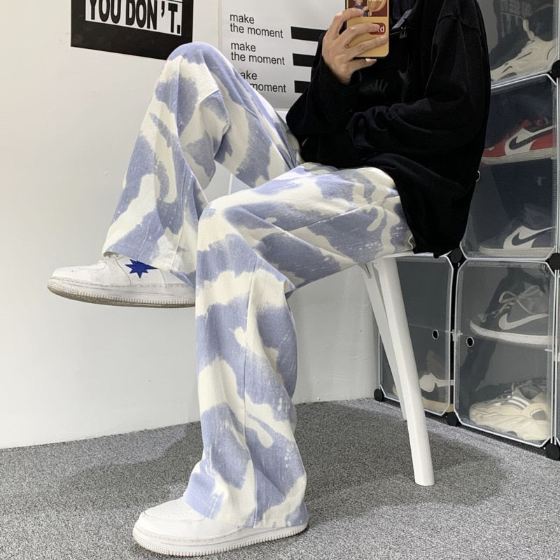 Blue Black Tie-dye Jeans Men Fashion Print Casual Baggy Jeans Mens Streetwear Loose Hip-hop Straight Denim Trousers Men M-2XL