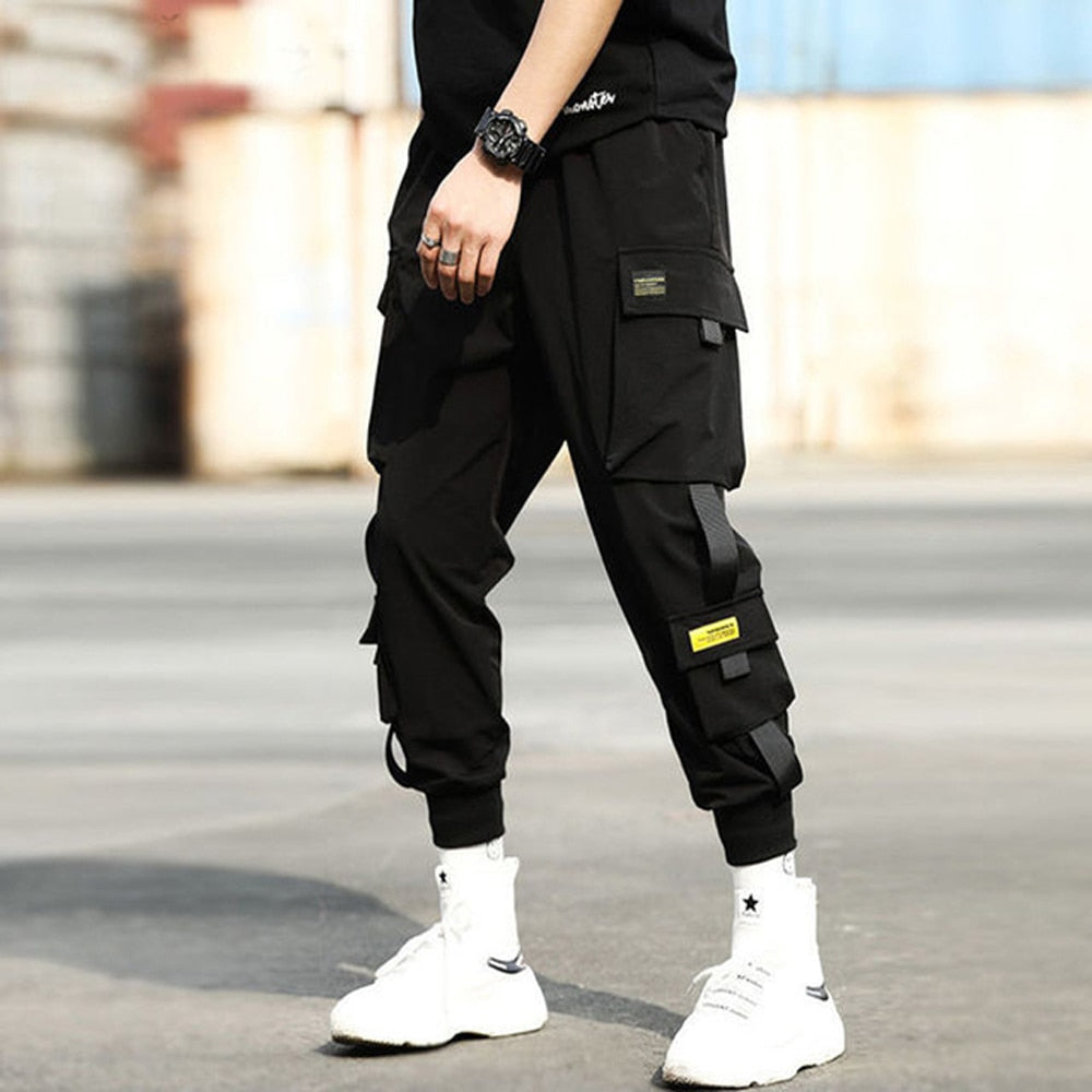 Men's Side Pockets Cargo Harem Pants Ribbons Black Hip Hop Casual Male Joggers Trousers Fashion Casual Streetwear Pants 5XL
