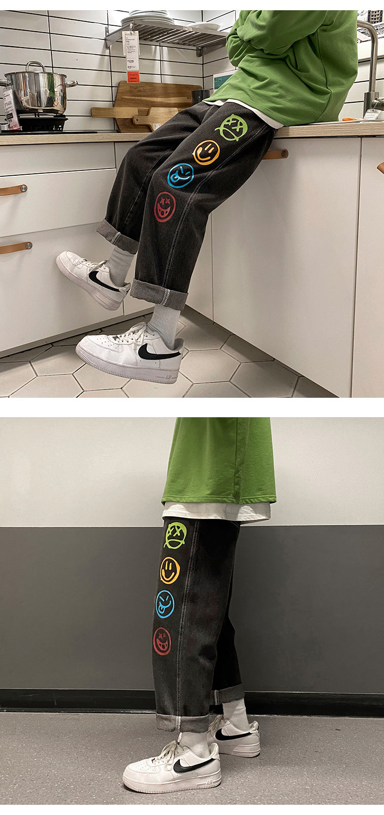 Black Jeans for Men Colorful Smiley Print Straight Leg Denim Pants Teen Hip Hop Clothes Male Baggy Trousers Oversized Streetwear