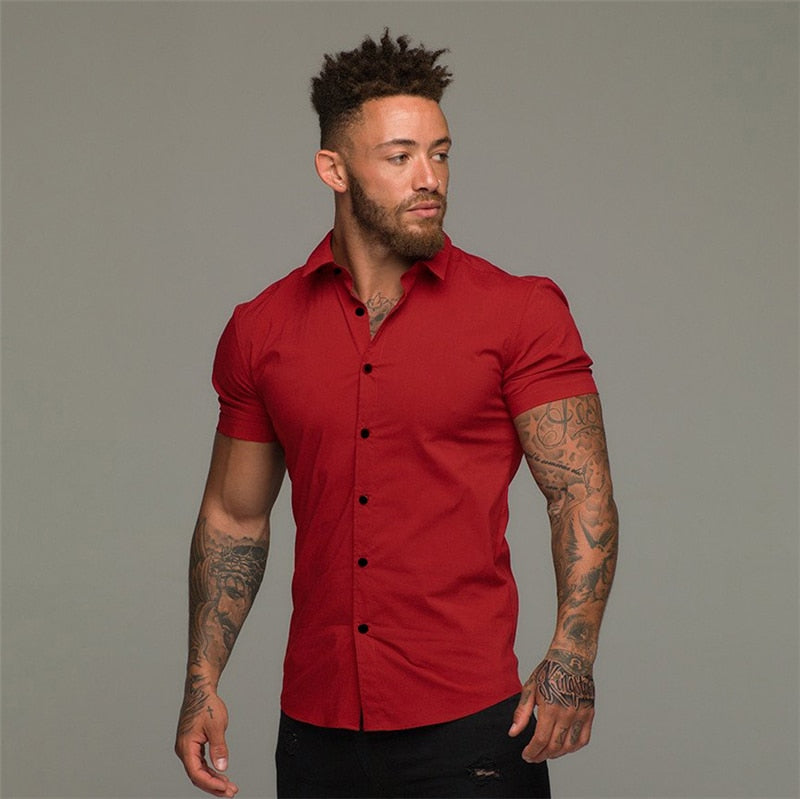 Summer Fashion Short Sleeve Shirt Men Solid Super Slim Fit Male Social Business Dress Shirt Brand Men Gym Fitness Sport Clothing