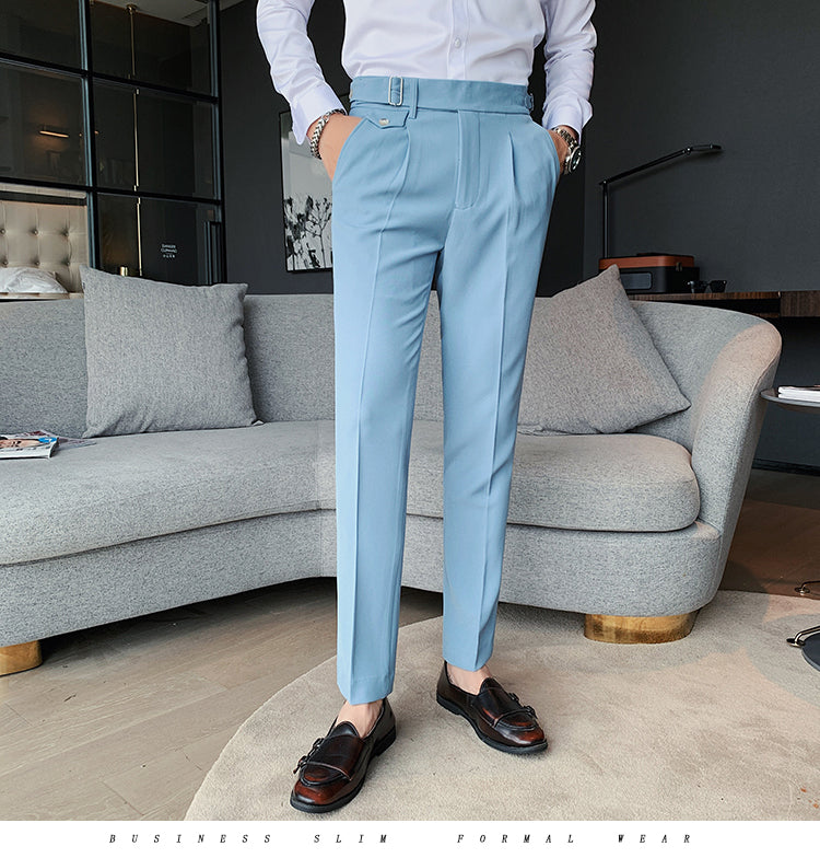 saferido        New Design Men High Waist Trousers Solid England Business Casual Suit Pants Belt Straight Slim Fit Bottoms White Clothing