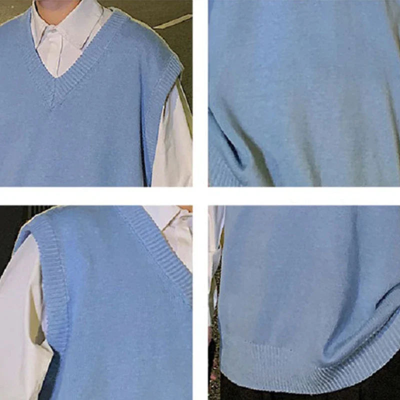 saferido Sweater Vest Men Loose Simple Solid Color Knitted V-neck Students All-match Basic Tops Harajuku Sleeveless Jumpers Korean Trendy