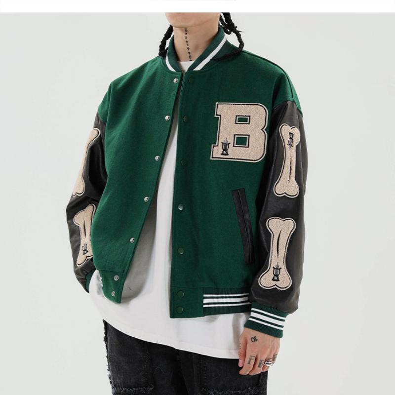 saferido Men Baseball Jacket Hip Hop Harajuku Embroidery Bone Letter Patchwork Bomber Coat Fashion High Street Casual Loose Jacket Unisex