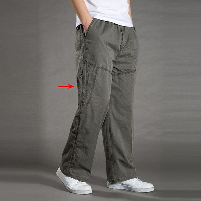 Men's Casual Trousers Cotton Overalls Elastic Waist Full Len Multi-Pocket Plus Fertilizer Men's Clothing Big Size Cargo Pants