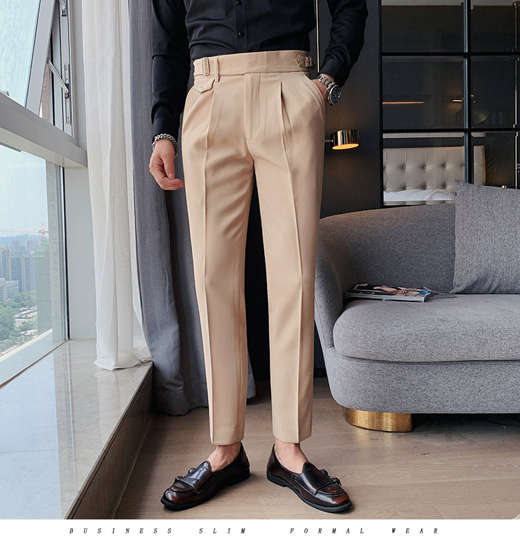saferido        New Design Men High Waist Trousers Solid England Business Casual Suit Pants Belt Straight Slim Fit Bottoms White Clothing