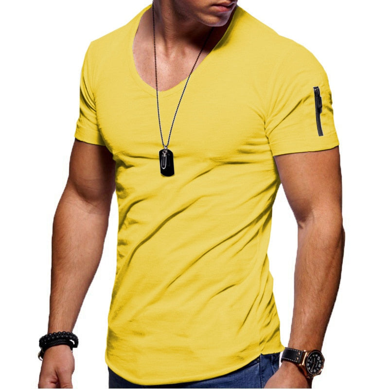 Men's V-neck T-shirt Fitness Bodybuilding T-shirt High Street Summer Short-Sleeved Zipper Casual Cotton Top