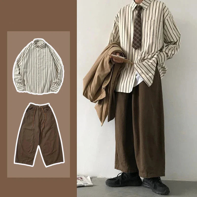 Men Vintage Set Spring Autumn Couple Casual Suits New Stripe Loose Long Sleeve Shirt+High Street Wide Leg Pants Two Piece Set