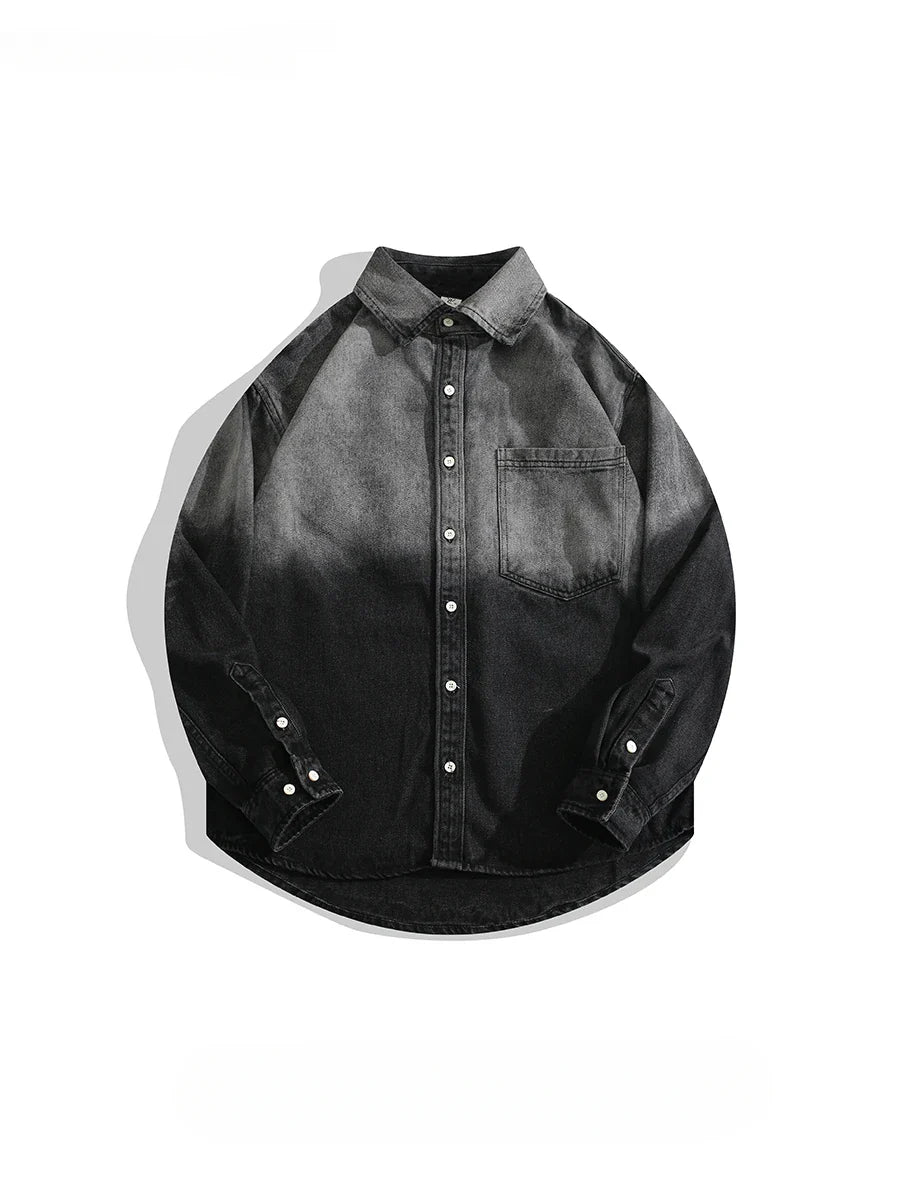 Men's Lapel Handsome Black Grey Gradient Denim Shirt Jacket Spring Autumn Trendy Street Casual Versatile Single-breasted Shirts