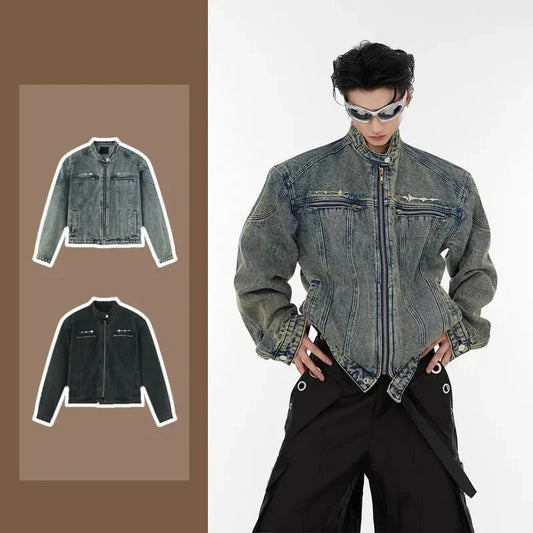 Mens Denim Jacket Zippered Metal Design Distressed Washed Short Jeans Jacket Vintage Trendy Spliced Male Outerwear New