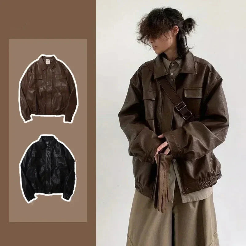 Motorcycle Leather Jacket Men Bomber Pilot Retro Loose Pu Short Coat Japanese Casual Streetwear Multi Pocket Trend Outwear New
