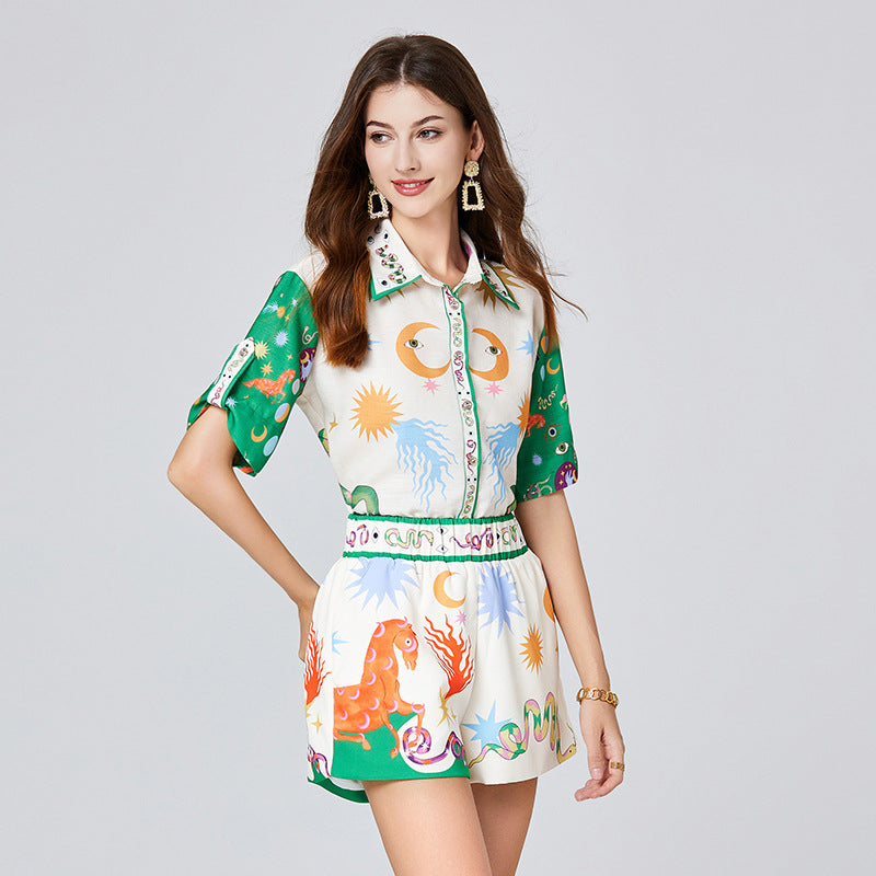Popularan station set women's summer printed heavy industry beaded shirt + rubber band waist shorts two-piece set, with lining