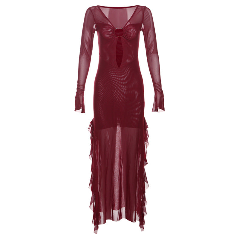 2025 style popular autumn new women's clothing red sexy deep V waist high split long-sleeved dress