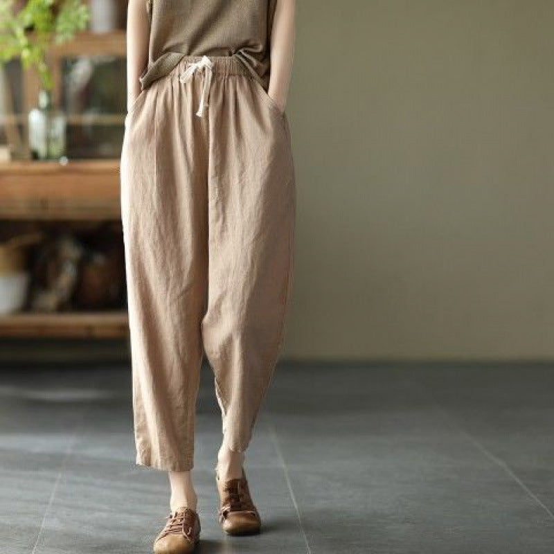 summer new literary and retro solid color simple Harlan pants loose large size versatile casual nine-point pants women