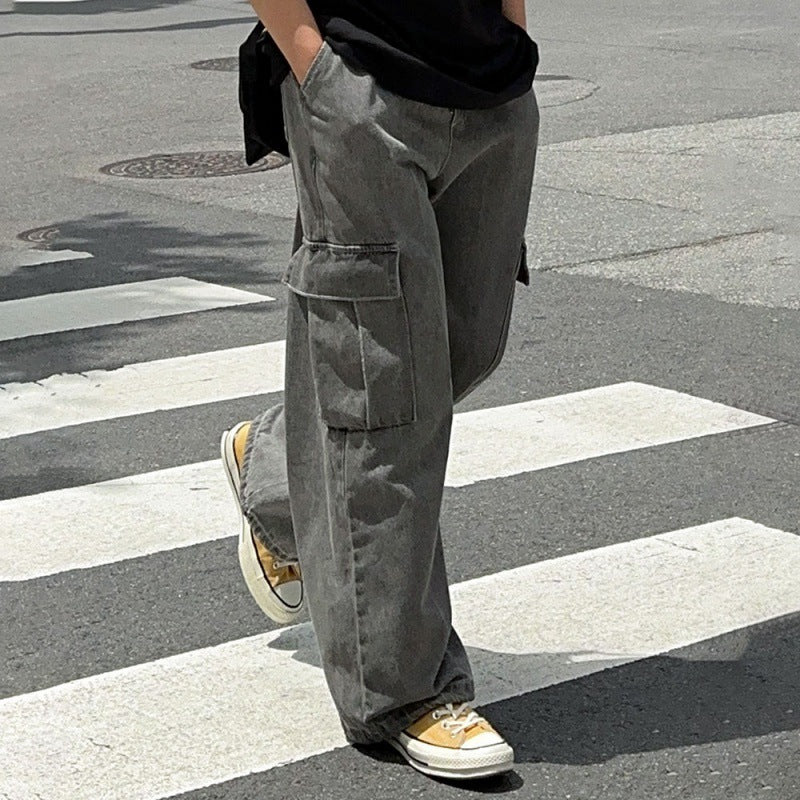 saferido -shop guys clothing styles Myq Vintage Washed Distressed Jeans Men's Summer Loose Overalls Korean Style Trendy Wide Leg Straight Pants