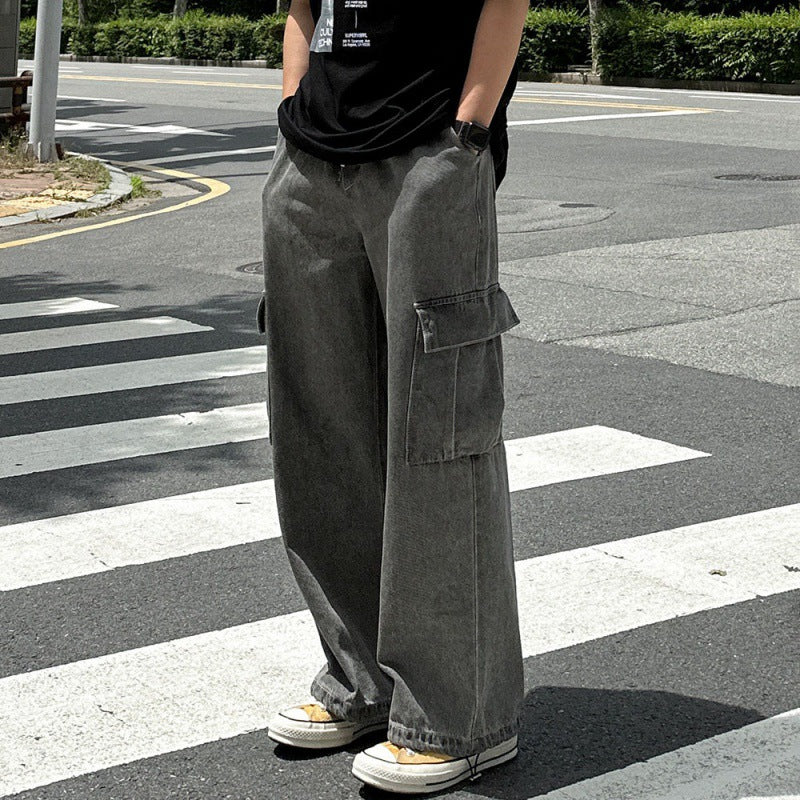 saferido -shop guys clothing styles Myq Vintage Washed Distressed Jeans Men's Summer Loose Overalls Korean Style Trendy Wide Leg Straight Pants