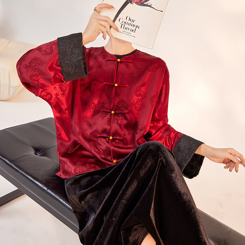 popular autumn and winter national style satin jacquard solid color coat women's new Chinese temperament acetate button top M7061