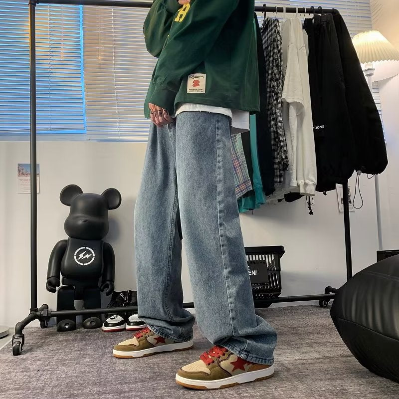 saferido -shop 90s fashion men Jeans Men's Spring and Summer Ins Hong Kong Style Retro Drop-down Wide-Leg Pants Versatile Loose Straight Dad Pants