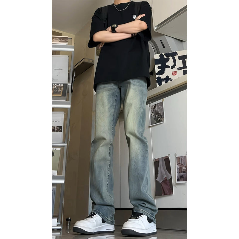 saferido -shop masc outfits Retro Blue Narrow Slim Jeans Men's Summer Vintage Washed American Pants High Waist Slimming Flared Pants