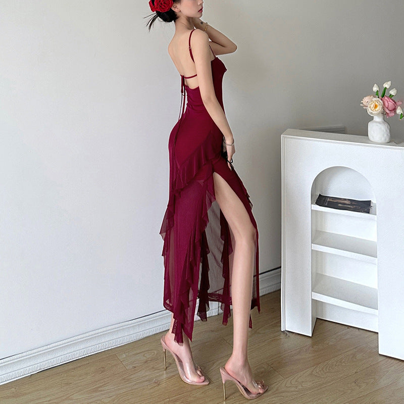 2025 style popular summer new women's clothing fashionable and sexy fungus edge splicing temperament split dress